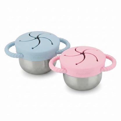 2 Pack Stainless Steel Toddler Snack Cups, Spill Proof Snack Containers with Silicone Food Catcher & Handles, 9 oz Baby Snack Cup Holder with Lid for Kids, Dishwasher Safe (Blue & Pink)