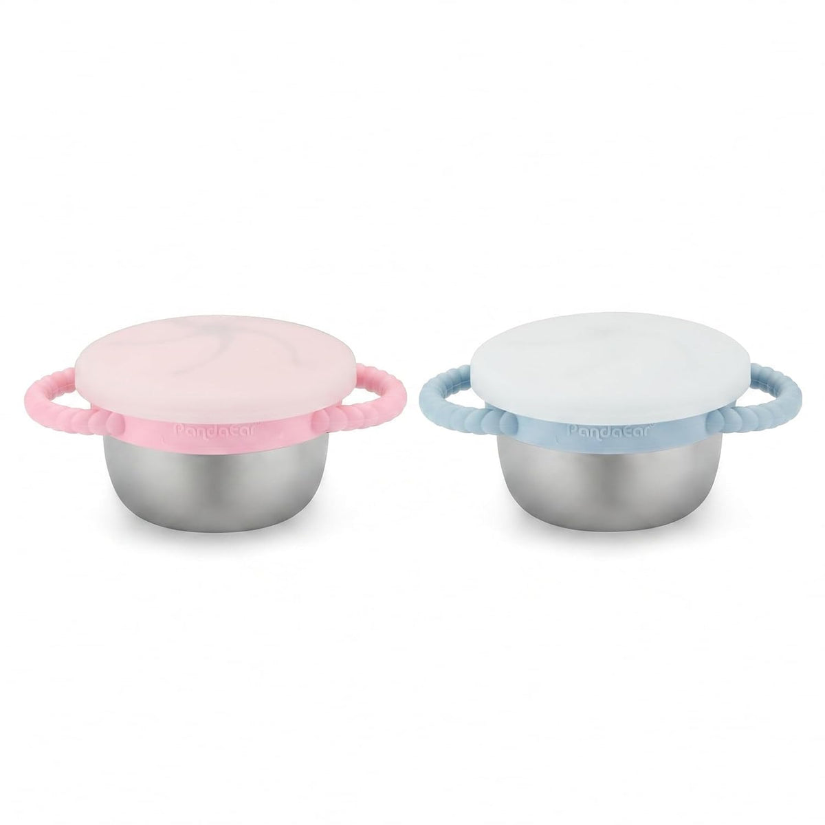 2 Pack Stainless Steel Toddler Snack Cups, Spill Proof Snack Containers with Silicone Food Catcher & Handles, 9 oz Baby Snack Cup Holder with Lid for Kids, Dishwasher Safe (Blue & Pink)