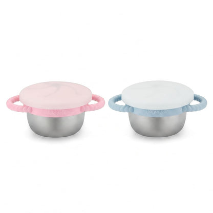 2 Pack Stainless Steel Toddler Snack Cups, Spill Proof Snack Containers with Silicone Food Catcher & Handles, 9 oz Baby Snack Cup Holder with Lid for Kids, Dishwasher Safe (Blue & Pink)
