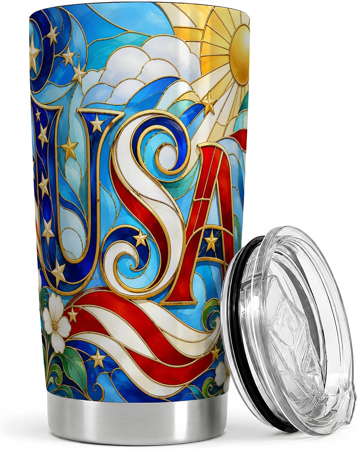 USA Stained Glass 20oz Tumbler, Patriotic Letter Tumbler for Coffee or Iced Drinks, Red White Blue Flag Artwork, Sun Star Floral Scroll Design, Americana Home Office Cup for Men Women