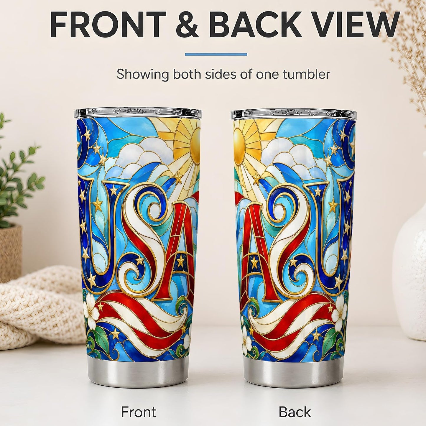 USA Stained Glass 20oz Tumbler, Patriotic Letter Tumbler for Coffee or Iced Drinks, Red White Blue Flag Artwork, Sun Star Floral Scroll Design, Americana Home Office Cup for Men Women