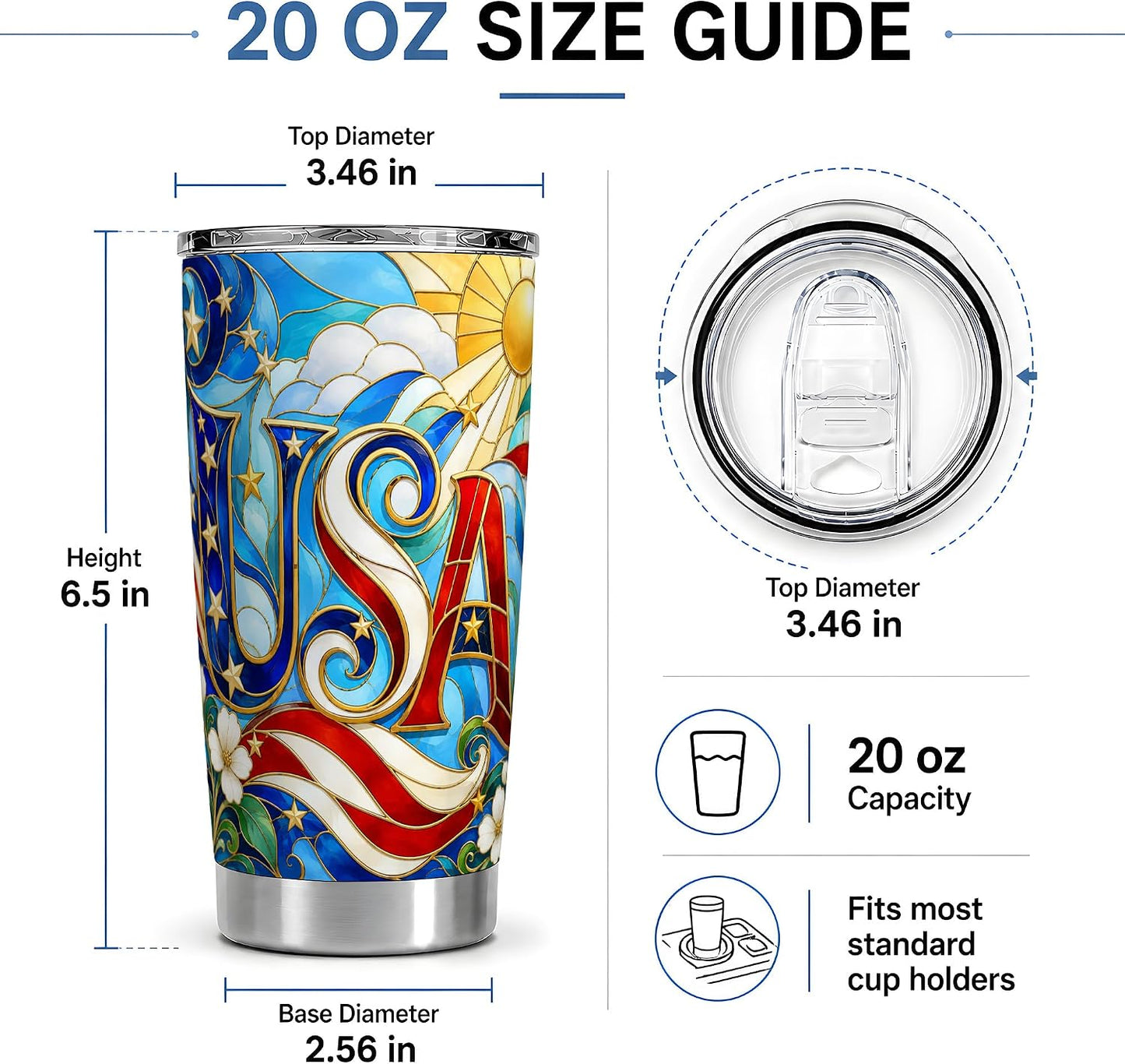 USA Stained Glass 20oz Tumbler, Patriotic Letter Tumbler for Coffee or Iced Drinks, Red White Blue Flag Artwork, Sun Star Floral Scroll Design, Americana Home Office Cup for Men Women