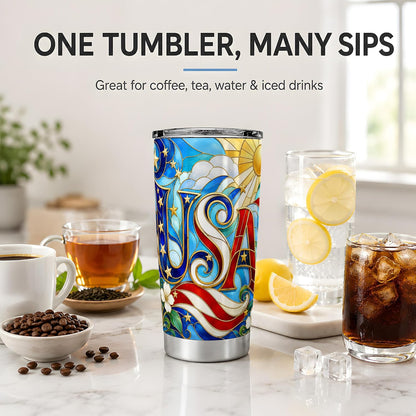 USA Stained Glass 20oz Tumbler, Patriotic Letter Tumbler for Coffee or Iced Drinks, Red White Blue Flag Artwork, Sun Star Floral Scroll Design, Americana Home Office Cup for Men Women