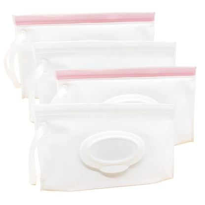 Portable Refillable Wet Wipe Pouch, Reusable Travel Wipes Holder & Case, Lightweight Flushable Diaper Wipes Container for Baby (4 Pack, Milk White)