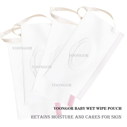 Portable Refillable Wet Wipe Pouch, Reusable Travel Wipes Holder & Case, Lightweight Flushable Diaper Wipes Container for Baby (4 Pack, Milk White)