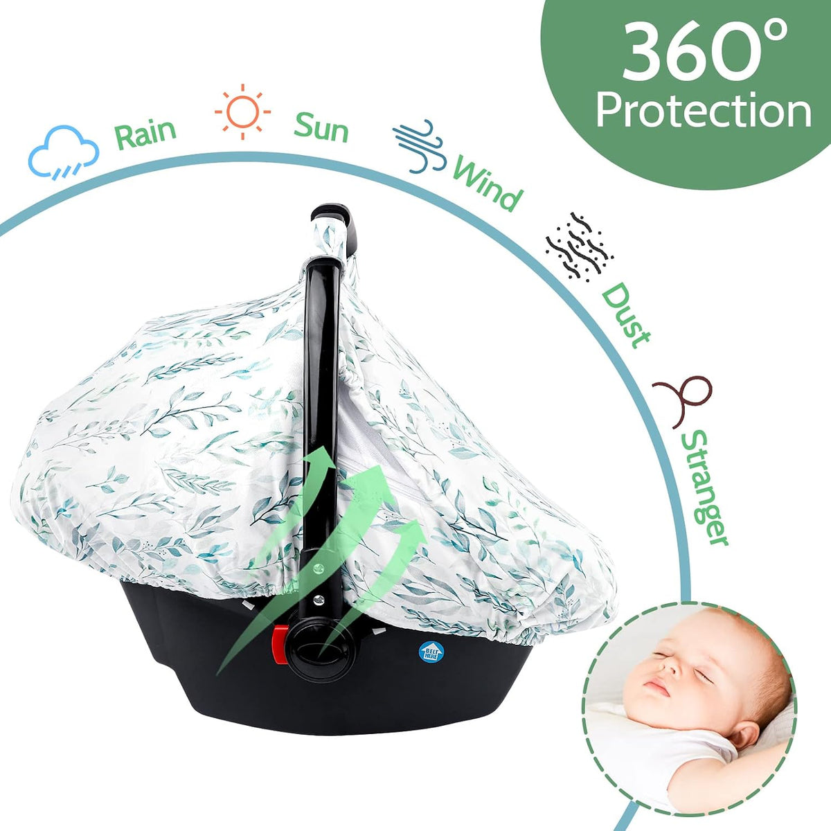 Car Seat Covers for Babies Girl Boy, Cozy Sun & Bug Cover, Infant Carseat Canopy Newborn Stroller Carrier Cover with Breathable Zipper Peep Window, Green Leaf