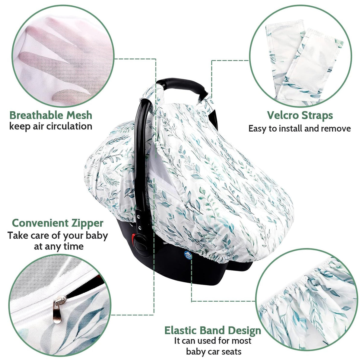 Car Seat Covers for Babies Girl Boy, Cozy Sun & Bug Cover, Infant Carseat Canopy Newborn Stroller Carrier Cover with Breathable Zipper Peep Window, Green Leaf