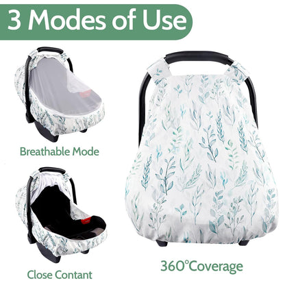 Car Seat Covers for Babies Girl Boy, Cozy Sun & Bug Cover, Infant Carseat Canopy Newborn Stroller Carrier Cover with Breathable Zipper Peep Window, Green Leaf