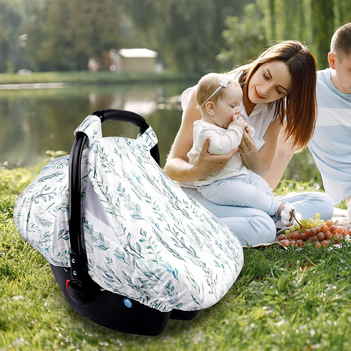 Car Seat Covers for Babies Girl Boy, Cozy Sun & Bug Cover, Infant Carseat Canopy Newborn Stroller Carrier Cover with Breathable Zipper Peep Window, Green Leaf