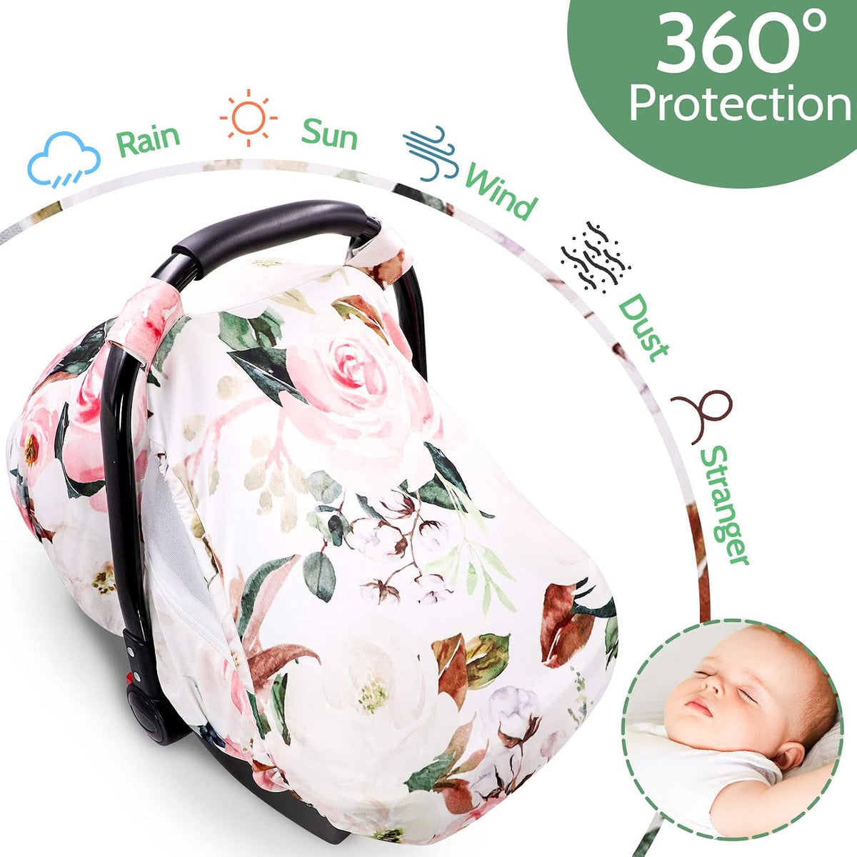 Car Seat Covers for Babies Girl Boy, Cozy Sun & Bug Cover, Infant Carseat Canopy Newborn Stroller Carrier Cover with Breathable Zipper Peep Window, Green Leaf