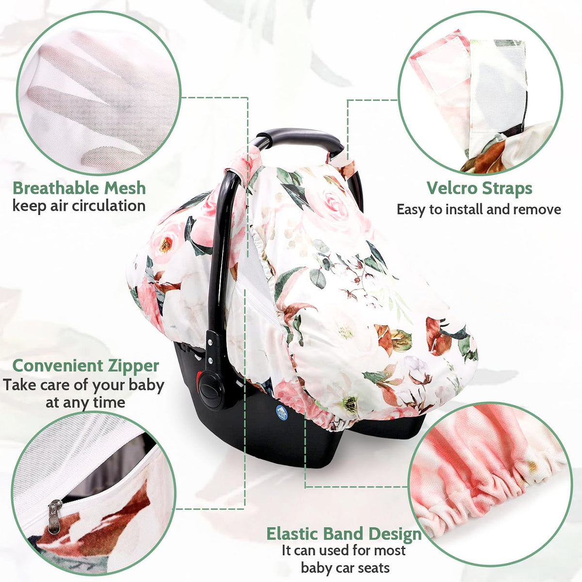 Car Seat Covers for Babies Girl Boy, Cozy Sun & Bug Cover, Infant Carseat Canopy Newborn Stroller Carrier Cover with Breathable Zipper Peep Window, Green Leaf