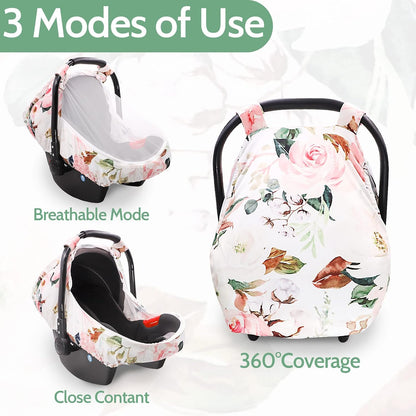 Car Seat Covers for Babies Girl Boy, Cozy Sun & Bug Cover, Infant Carseat Canopy Newborn Stroller Carrier Cover with Breathable Zipper Peep Window, Green Leaf