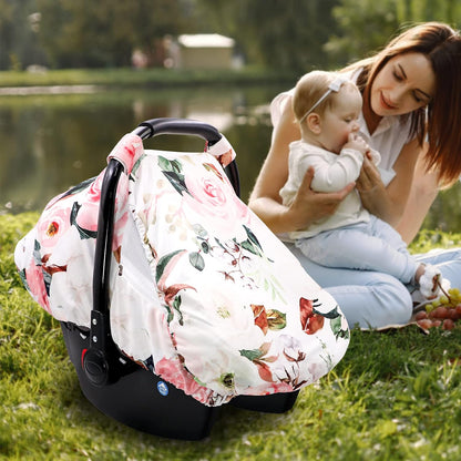 Car Seat Covers for Babies Girl Boy, Cozy Sun & Bug Cover, Infant Carseat Canopy Newborn Stroller Carrier Cover with Breathable Zipper Peep Window, Green Leaf