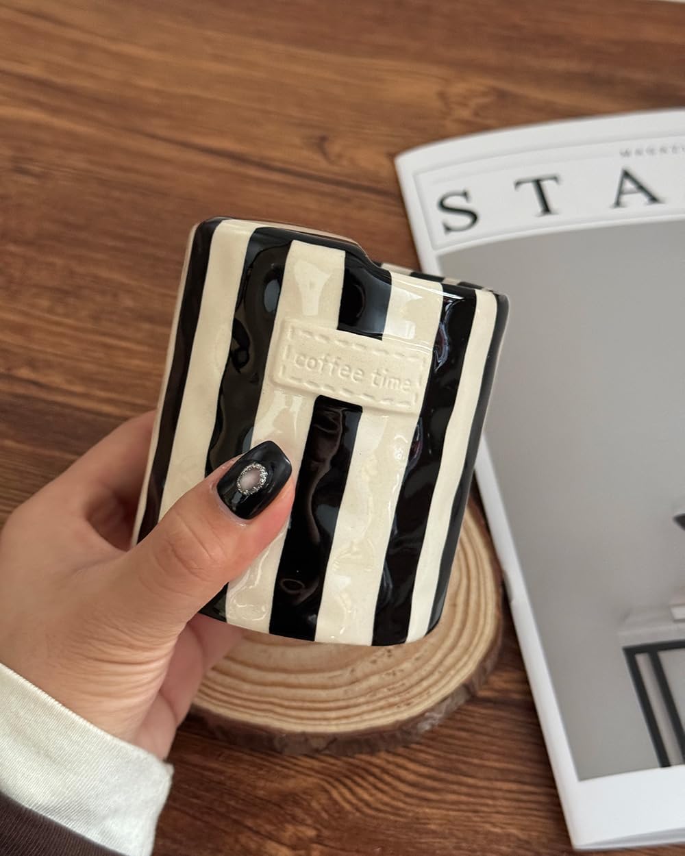 Coffee Mug Espresso Cup 10oz Ceramic Coffee Mugs Porcelain Coffee Cup Hand-Painted Striped Art Multiple Use for Kitchen, Dining-Green