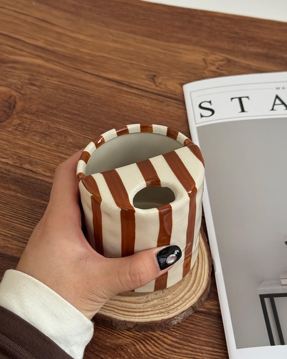 Coffee Mug Espresso Cup 10oz Ceramic Coffee Mugs Porcelain Coffee Cup Hand-Painted Striped Art Multiple Use for Kitchen, Dining-Green
