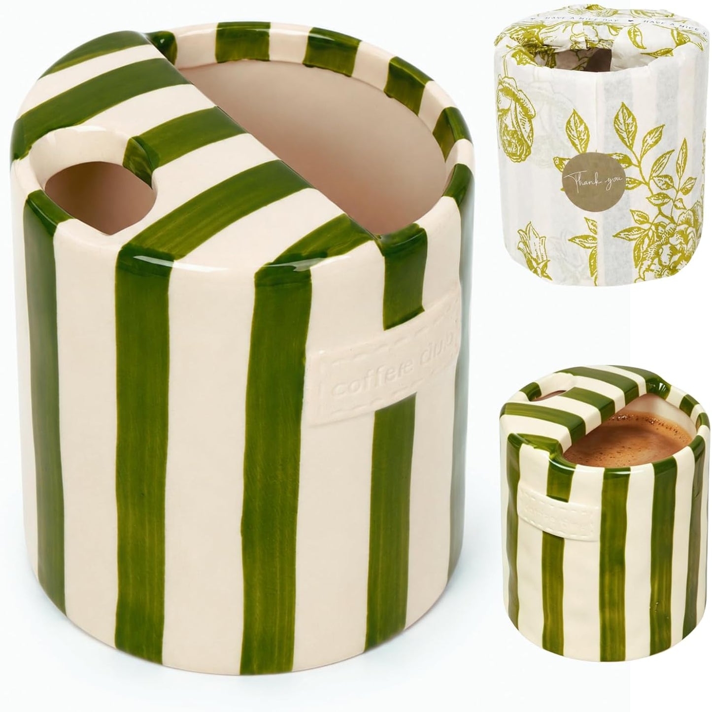 Coffee Mug Espresso Cup 10oz Ceramic Coffee Mugs Porcelain Coffee Cup Hand-Painted Striped Art Multiple Use for Kitchen, Dining-Green