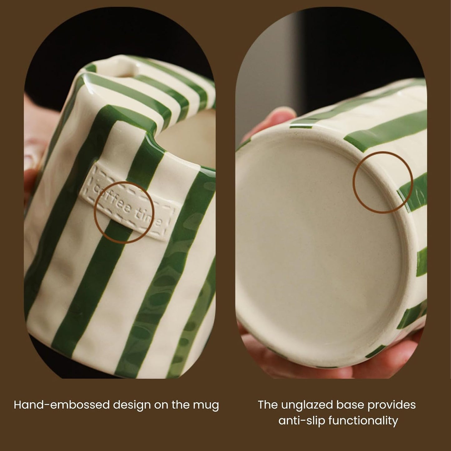Coffee Mug Espresso Cup 10oz Ceramic Coffee Mugs Porcelain Coffee Cup Hand-Painted Striped Art Multiple Use for Kitchen, Dining-Green