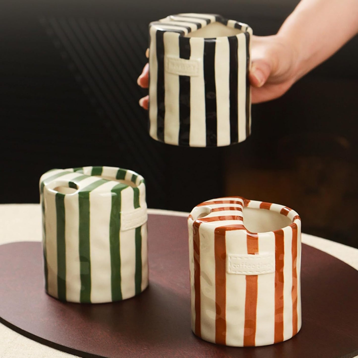 Coffee Mug Espresso Cup 10oz Ceramic Coffee Mugs Porcelain Coffee Cup Hand-Painted Striped Art Multiple Use for Kitchen, Dining-Green