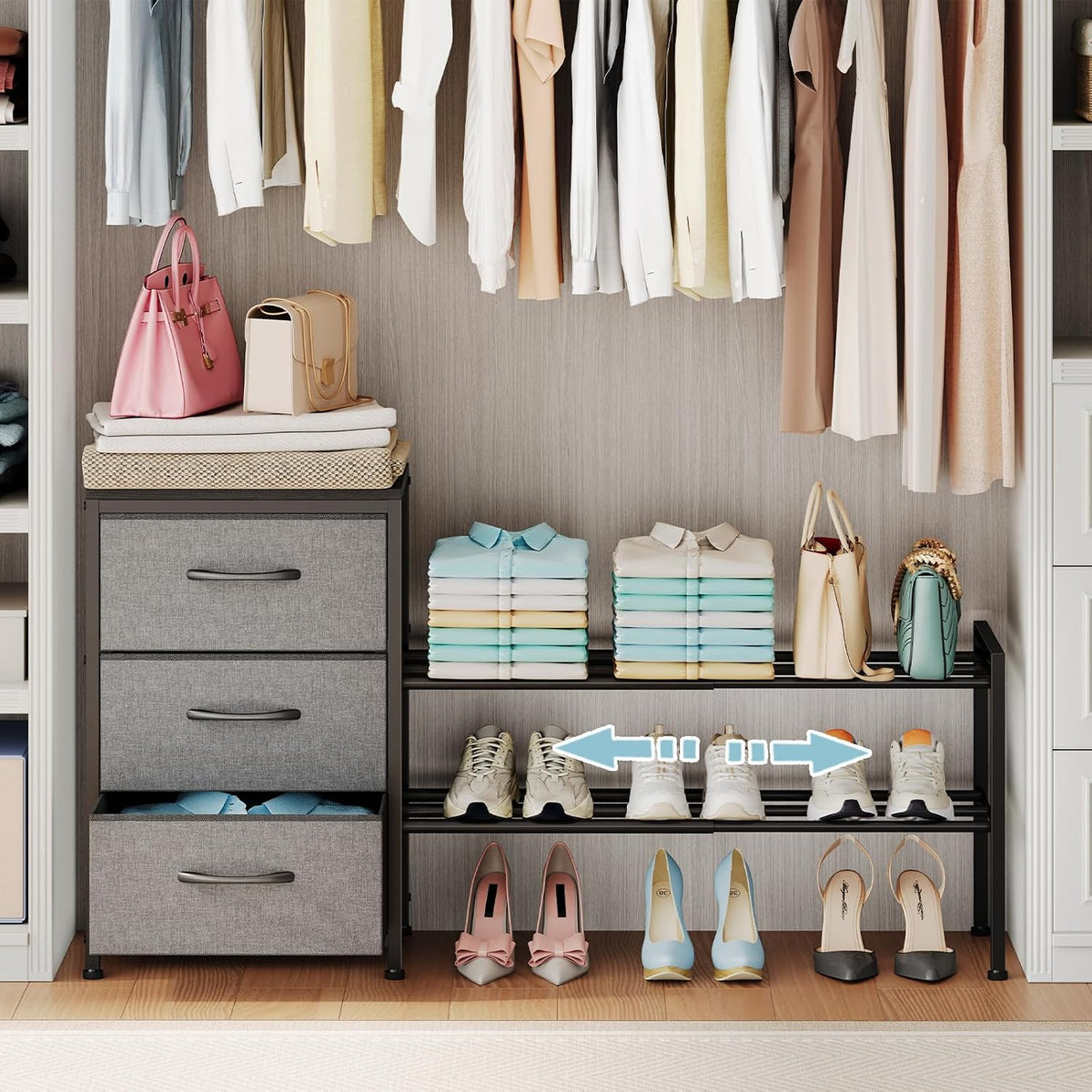Expandable Closet Organizers and Storage, White Fabric Storage Dresser, 3 Drawer Dresser, Clothes Shelves for Kids, Purse Organizer Small Shoe Rack for Closet Bedroom(31.29~43.42 in)