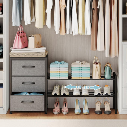 Expandable Closet Organizers and Storage, White Fabric Storage Dresser, 3 Drawer Dresser, Clothes Shelves for Kids, Purse Organizer Small Shoe Rack for Closet Bedroom(31.29~43.42 in)