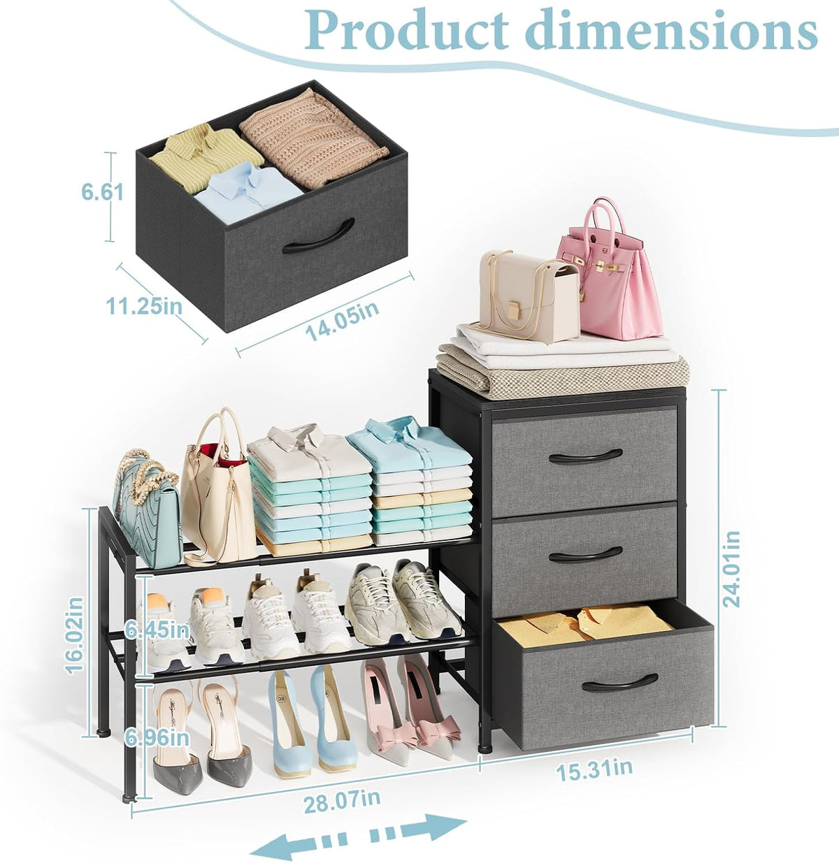 Expandable Closet Organizers and Storage, White Fabric Storage Dresser, 3 Drawer Dresser, Clothes Shelves for Kids, Purse Organizer Small Shoe Rack for Closet Bedroom(31.29~43.42 in)