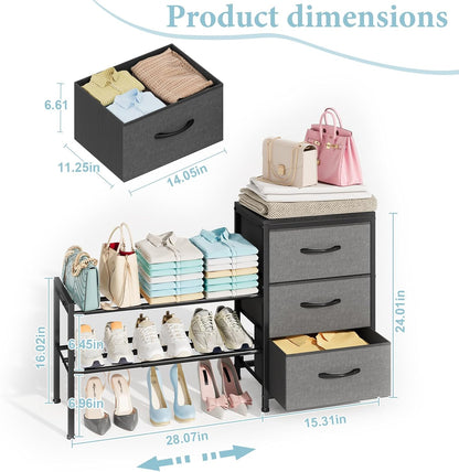 Expandable Closet Organizers and Storage, White Fabric Storage Dresser, 3 Drawer Dresser, Clothes Shelves for Kids, Purse Organizer Small Shoe Rack for Closet Bedroom(31.29~43.42 in)