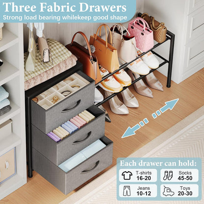 Expandable Closet Organizers and Storage, White Fabric Storage Dresser, 3 Drawer Dresser, Clothes Shelves for Kids, Purse Organizer Small Shoe Rack for Closet Bedroom(31.29~43.42 in)