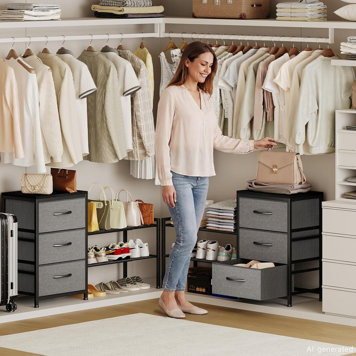 Expandable Closet Organizers and Storage, White Fabric Storage Dresser, 3 Drawer Dresser, Clothes Shelves for Kids, Purse Organizer Small Shoe Rack for Closet Bedroom(31.29~43.42 in)