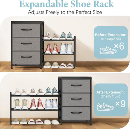Expandable Closet Organizers and Storage, White Fabric Storage Dresser, 3 Drawer Dresser, Clothes Shelves for Kids, Purse Organizer Small Shoe Rack for Closet Bedroom(31.29~43.42 in)