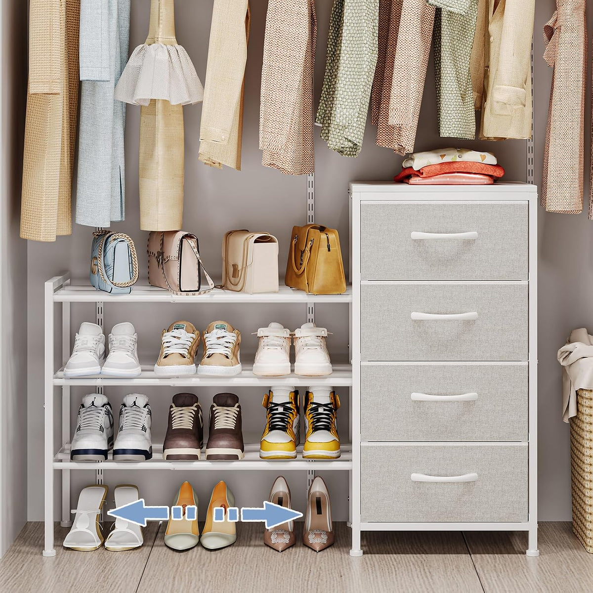 Expandable Closet Organizers and Storage, White Fabric Storage Dresser, 3 Drawer Dresser, Clothes Shelves for Kids, Purse Organizer Small Shoe Rack for Closet Bedroom(31.29~43.42 in)