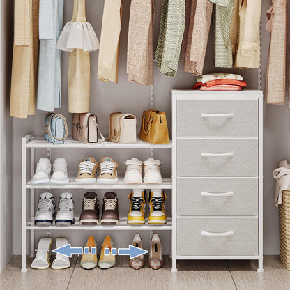 Expandable Closet Organizers and Storage, White Fabric Storage Dresser, 3 Drawer Dresser, Clothes Shelves for Kids, Purse Organizer Small Shoe Rack for Closet Bedroom(31.29~43.42 in)