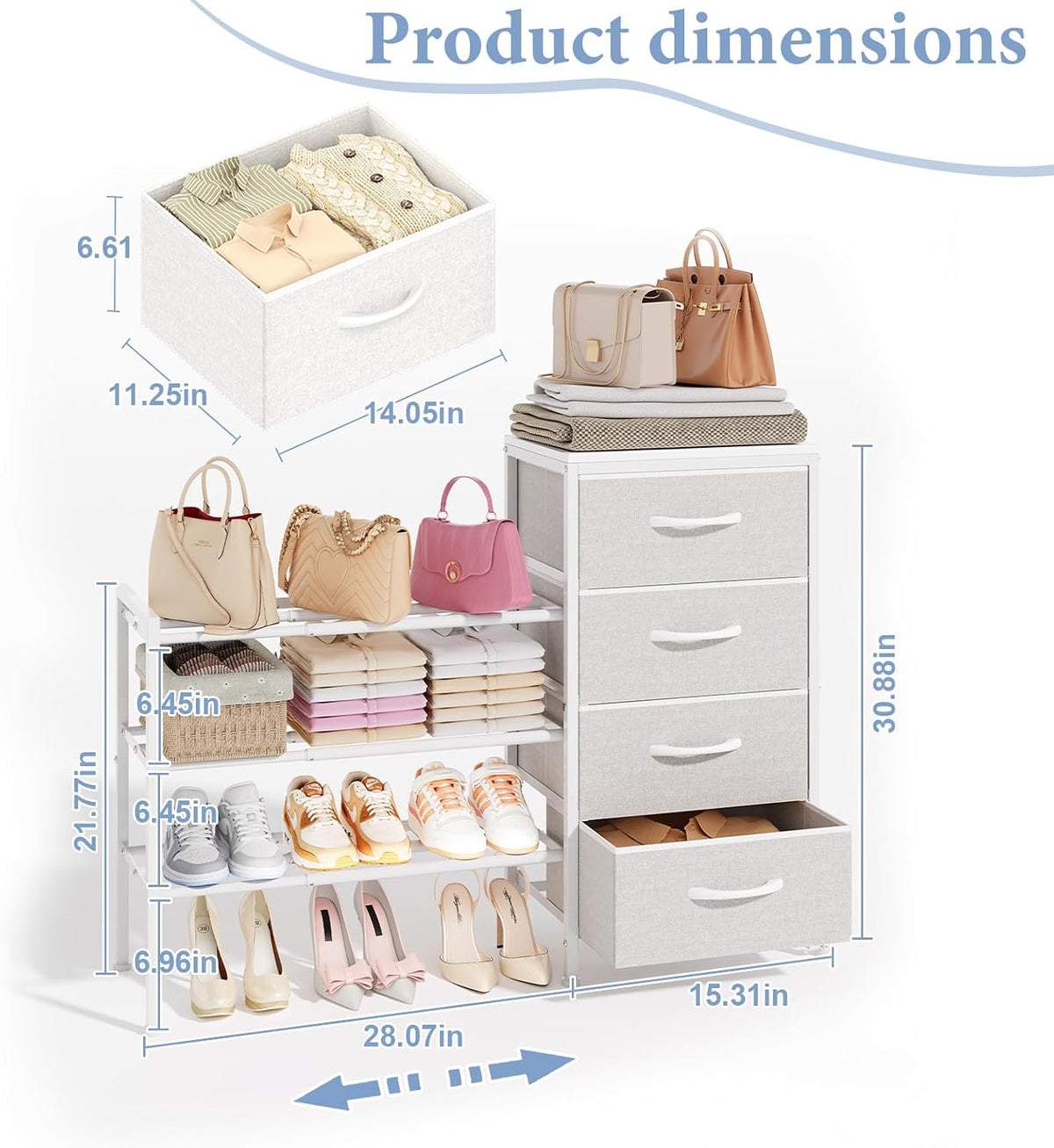 Expandable Closet Organizers and Storage, White Fabric Storage Dresser, 3 Drawer Dresser, Clothes Shelves for Kids, Purse Organizer Small Shoe Rack for Closet Bedroom(31.29~43.42 in)