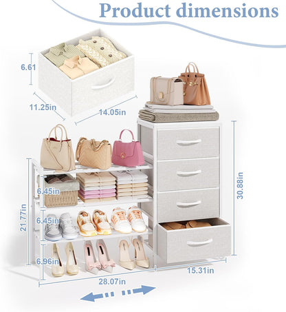 Expandable Closet Organizers and Storage, White Fabric Storage Dresser, 3 Drawer Dresser, Clothes Shelves for Kids, Purse Organizer Small Shoe Rack for Closet Bedroom(31.29~43.42 in)