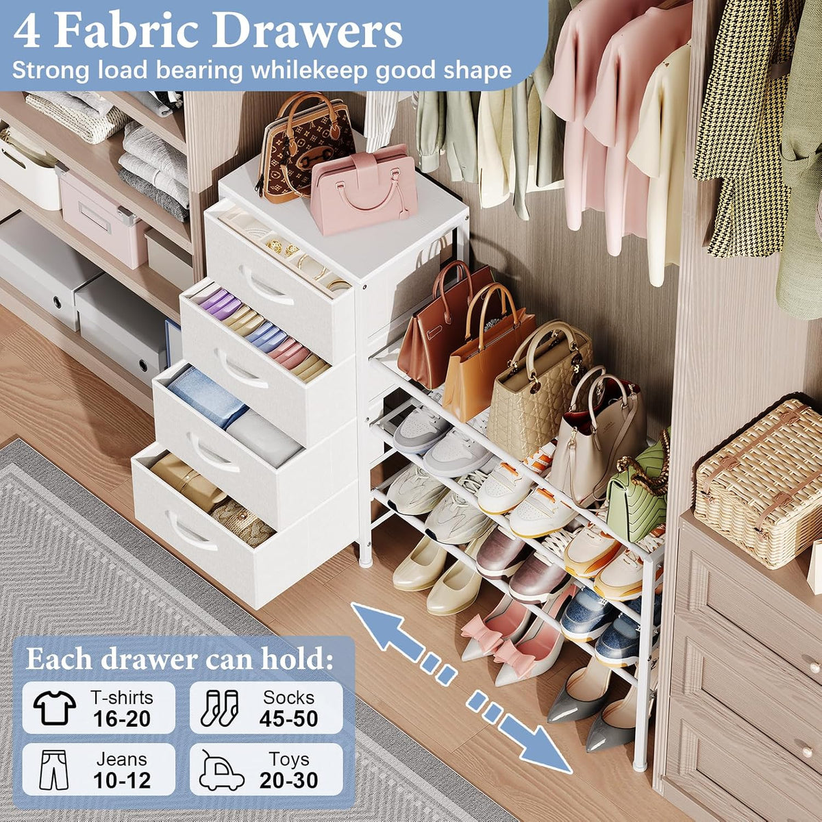 Expandable Closet Organizers and Storage, White Fabric Storage Dresser, 3 Drawer Dresser, Clothes Shelves for Kids, Purse Organizer Small Shoe Rack for Closet Bedroom(31.29~43.42 in)