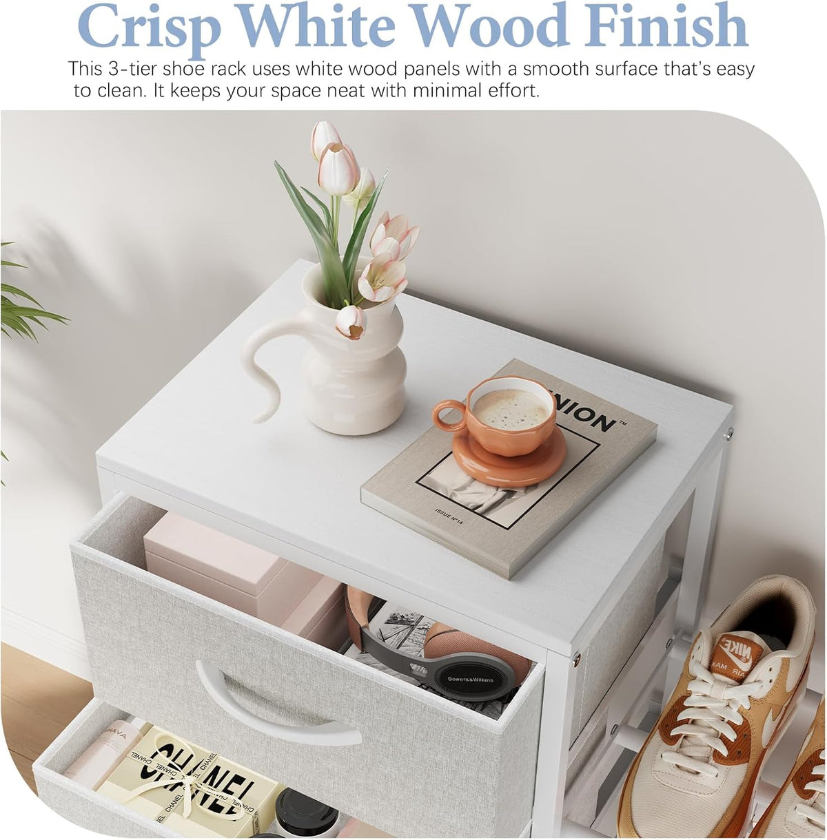 Expandable Closet Organizers and Storage, White Fabric Storage Dresser, 3 Drawer Dresser, Clothes Shelves for Kids, Purse Organizer Small Shoe Rack for Closet Bedroom(31.29~43.42 in)