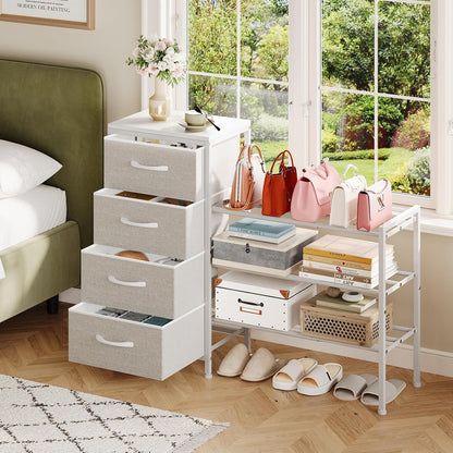 Expandable Closet Organizers and Storage, White Fabric Storage Dresser, 3 Drawer Dresser, Clothes Shelves for Kids, Purse Organizer Small Shoe Rack for Closet Bedroom(31.29~43.42 in)