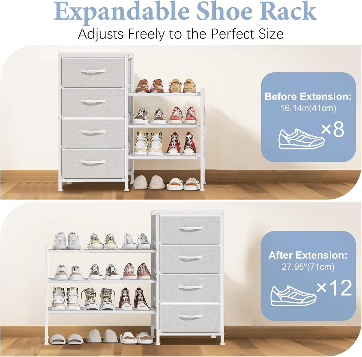 Expandable Closet Organizers and Storage, White Fabric Storage Dresser, 3 Drawer Dresser, Clothes Shelves for Kids, Purse Organizer Small Shoe Rack for Closet Bedroom(31.29~43.42 in)