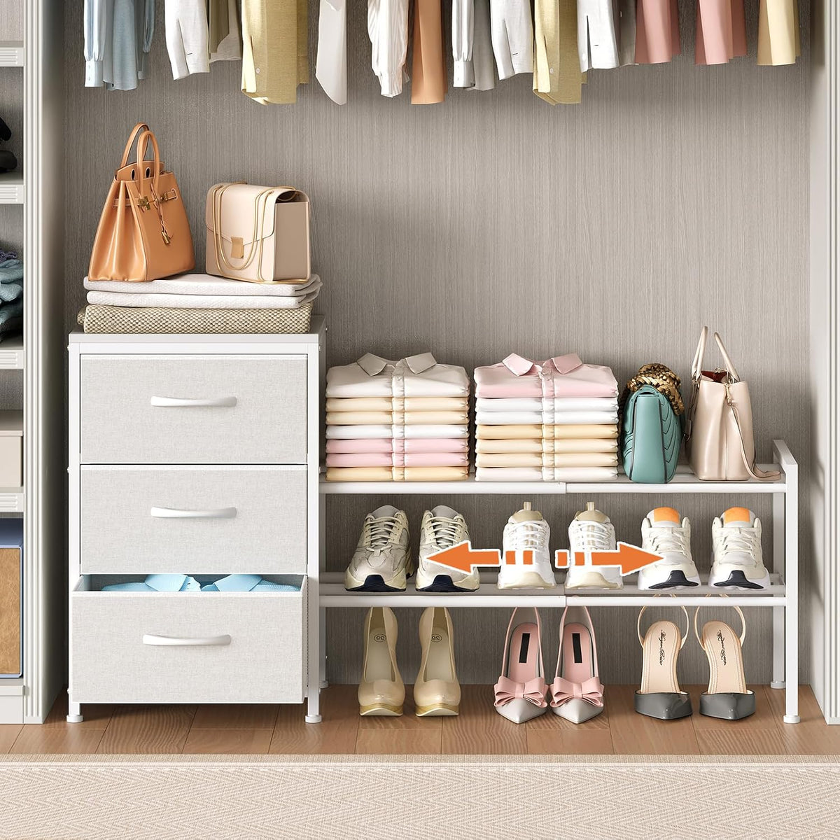 Expandable Closet Organizers and Storage, White Fabric Storage Dresser, 3 Drawer Dresser, Clothes Shelves for Kids, Purse Organizer Small Shoe Rack for Closet Bedroom(31.29~43.42 in)