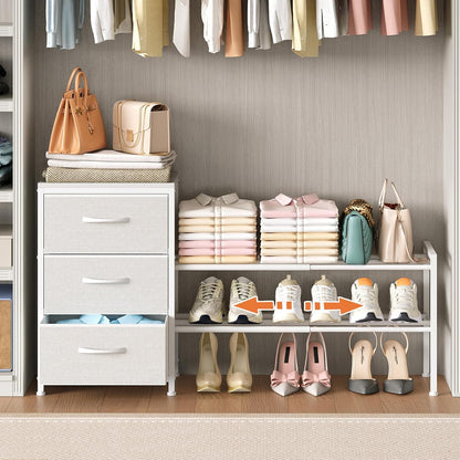 Expandable Closet Organizers and Storage, White Fabric Storage Dresser, 3 Drawer Dresser, Clothes Shelves for Kids, Purse Organizer Small Shoe Rack for Closet Bedroom(31.29~43.42 in)