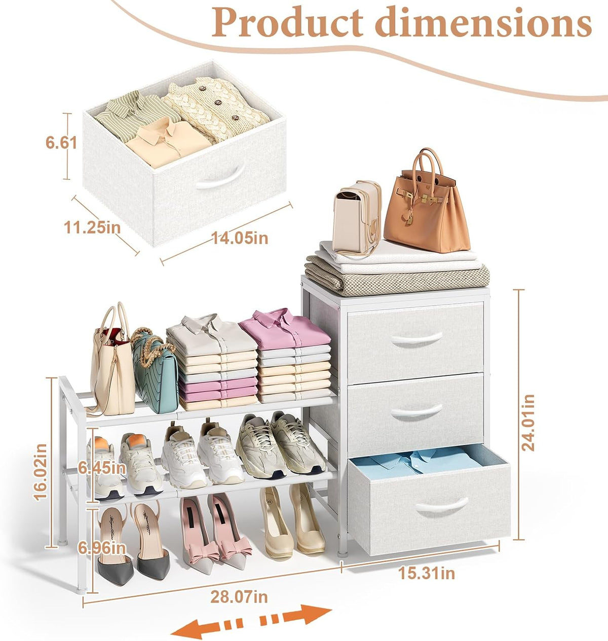 Expandable Closet Organizers and Storage, White Fabric Storage Dresser, 3 Drawer Dresser, Clothes Shelves for Kids, Purse Organizer Small Shoe Rack for Closet Bedroom(31.29~43.42 in)