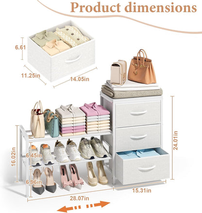 Expandable Closet Organizers and Storage, White Fabric Storage Dresser, 3 Drawer Dresser, Clothes Shelves for Kids, Purse Organizer Small Shoe Rack for Closet Bedroom(31.29~43.42 in)