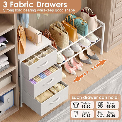 Expandable Closet Organizers and Storage, White Fabric Storage Dresser, 3 Drawer Dresser, Clothes Shelves for Kids, Purse Organizer Small Shoe Rack for Closet Bedroom(31.29~43.42 in)