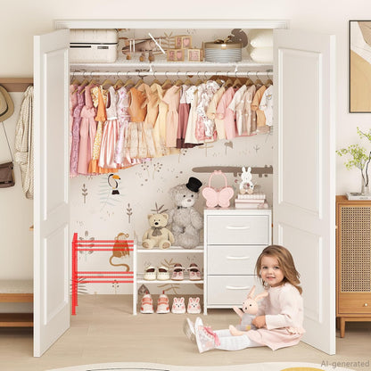 Expandable Closet Organizers and Storage, White Fabric Storage Dresser, 3 Drawer Dresser, Clothes Shelves for Kids, Purse Organizer Small Shoe Rack for Closet Bedroom(31.29~43.42 in)