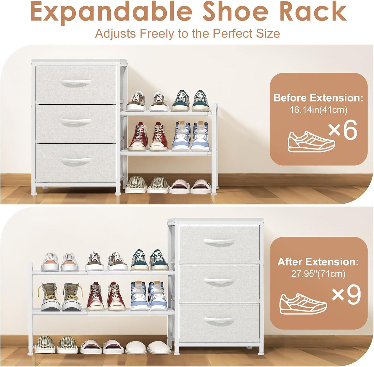 Expandable Closet Organizers and Storage, White Fabric Storage Dresser, 3 Drawer Dresser, Clothes Shelves for Kids, Purse Organizer Small Shoe Rack for Closet Bedroom(31.29~43.42 in)