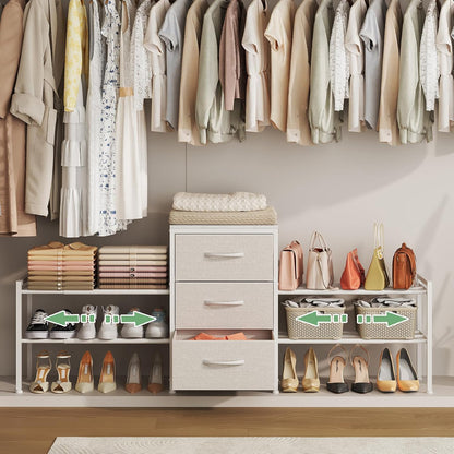 Expandable Closet Organizers and Storage, White Fabric Storage Dresser, 3 Drawer Dresser, Clothes Shelves for Kids, Purse Organizer Small Shoe Rack for Closet Bedroom(31.29~43.42 in)