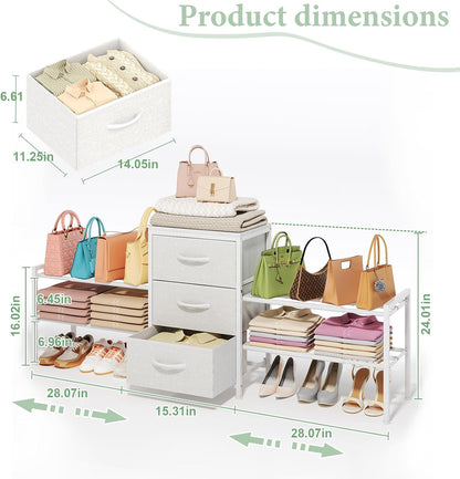 Expandable Closet Organizers and Storage, White Fabric Storage Dresser, 3 Drawer Dresser, Clothes Shelves for Kids, Purse Organizer Small Shoe Rack for Closet Bedroom(31.29~43.42 in)