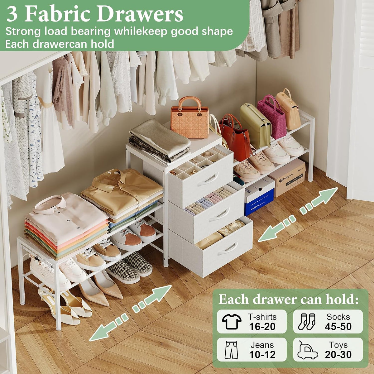 Expandable Closet Organizers and Storage, White Fabric Storage Dresser, 3 Drawer Dresser, Clothes Shelves for Kids, Purse Organizer Small Shoe Rack for Closet Bedroom(31.29~43.42 in)