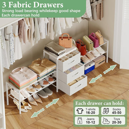 Expandable Closet Organizers and Storage, White Fabric Storage Dresser, 3 Drawer Dresser, Clothes Shelves for Kids, Purse Organizer Small Shoe Rack for Closet Bedroom(31.29~43.42 in)