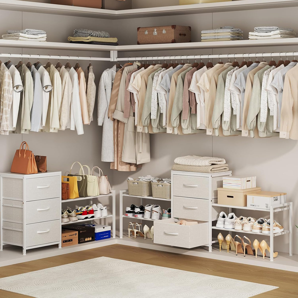 Expandable Closet Organizers and Storage, White Fabric Storage Dresser, 3 Drawer Dresser, Clothes Shelves for Kids, Purse Organizer Small Shoe Rack for Closet Bedroom(31.29~43.42 in)