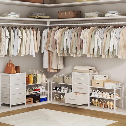 Expandable Closet Organizers and Storage, White Fabric Storage Dresser, 3 Drawer Dresser, Clothes Shelves for Kids, Purse Organizer Small Shoe Rack for Closet Bedroom(31.29~43.42 in)